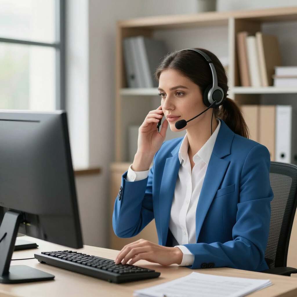 Woman in a blue blazer wearing a headset, working at a desk in an office.
