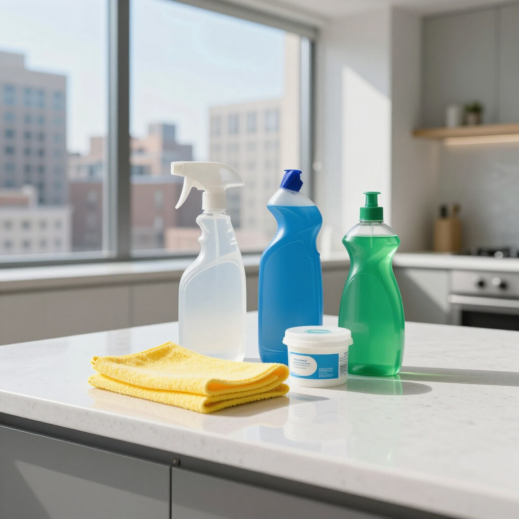 Cleaning supplies on a kitchen counter: spray bottles, detergent, and yellow cloths in a bright room.
