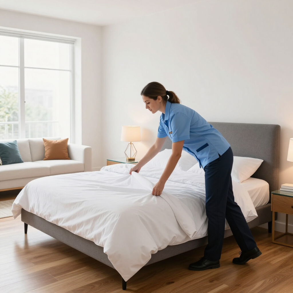 Person making a bed in a bright bedroom with white bedding and a gray headboard