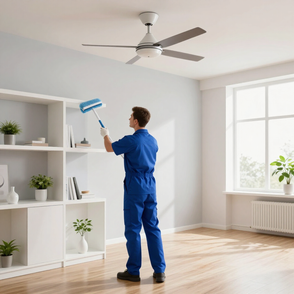 Worker in blue coveralls painting a white wall in a bright room with shelves and a ceiling fan.