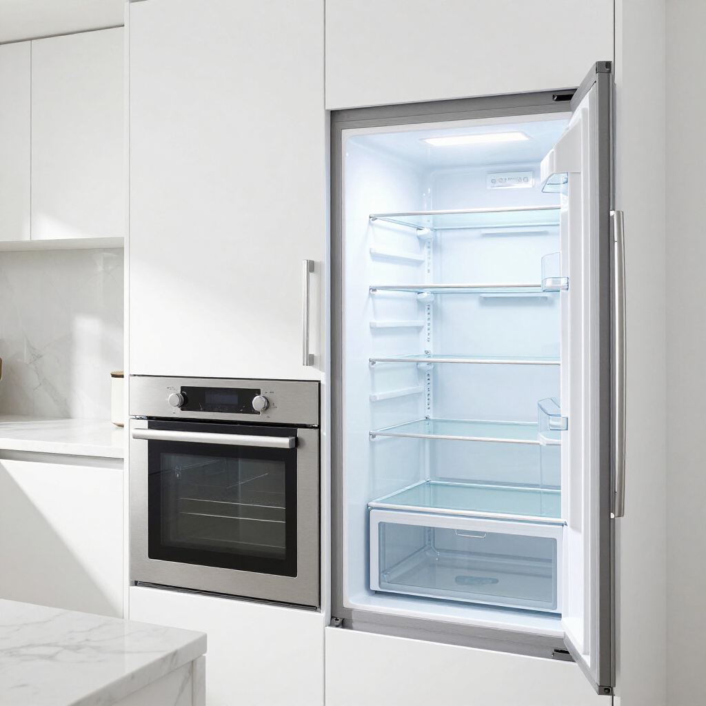 Modern white kitchen with built-in oven and open illuminated refrigerator on the right