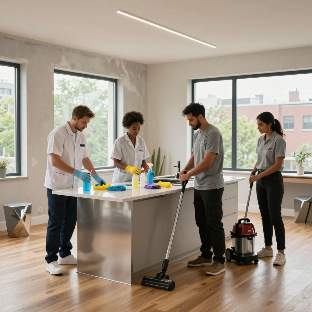 Four people clean a bright modern kitchen, wiping counters and sweeping the floor.