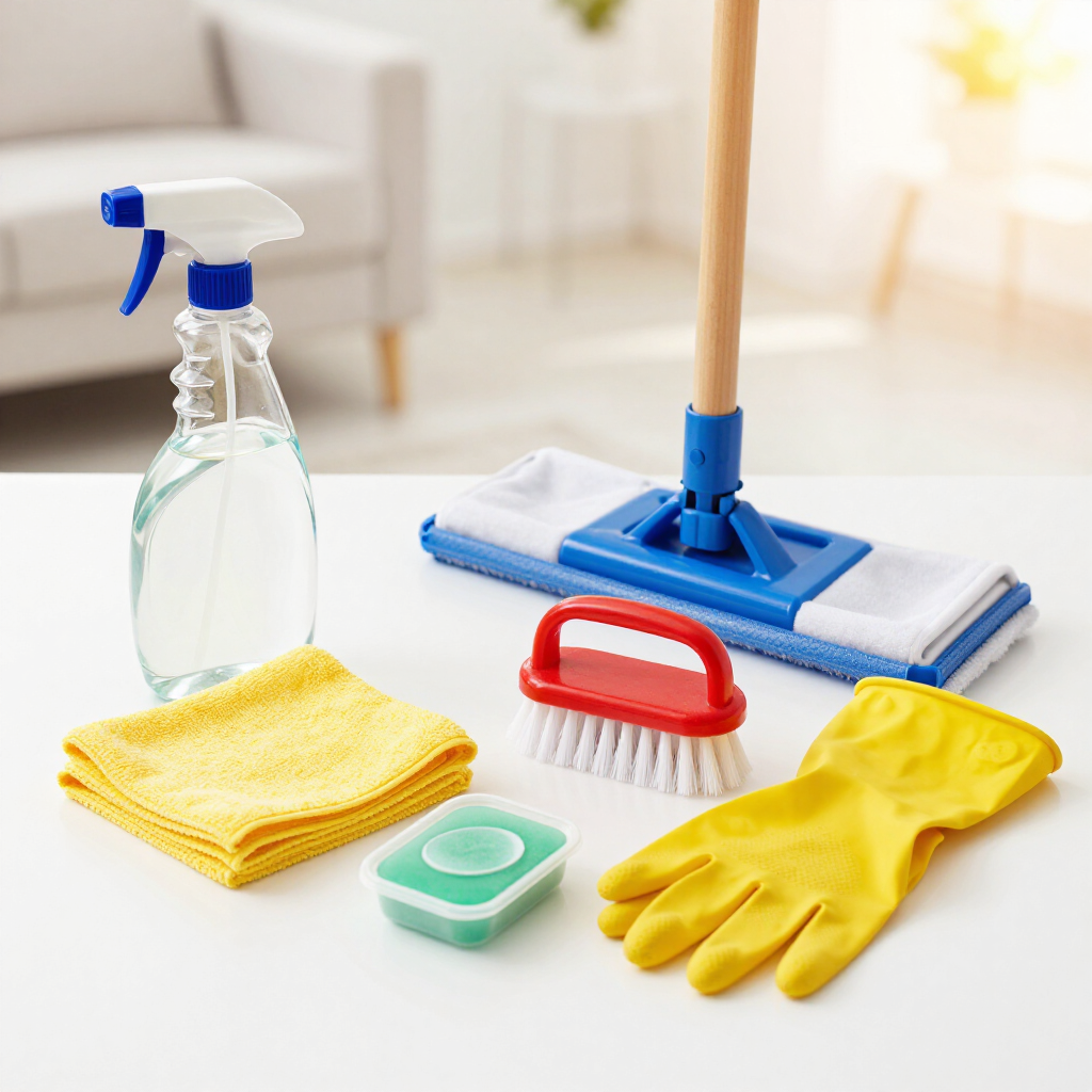 Cleaning supplies on a bright floor: spray bottle, mop, cloths, gloves, scrub brush, and sponge.