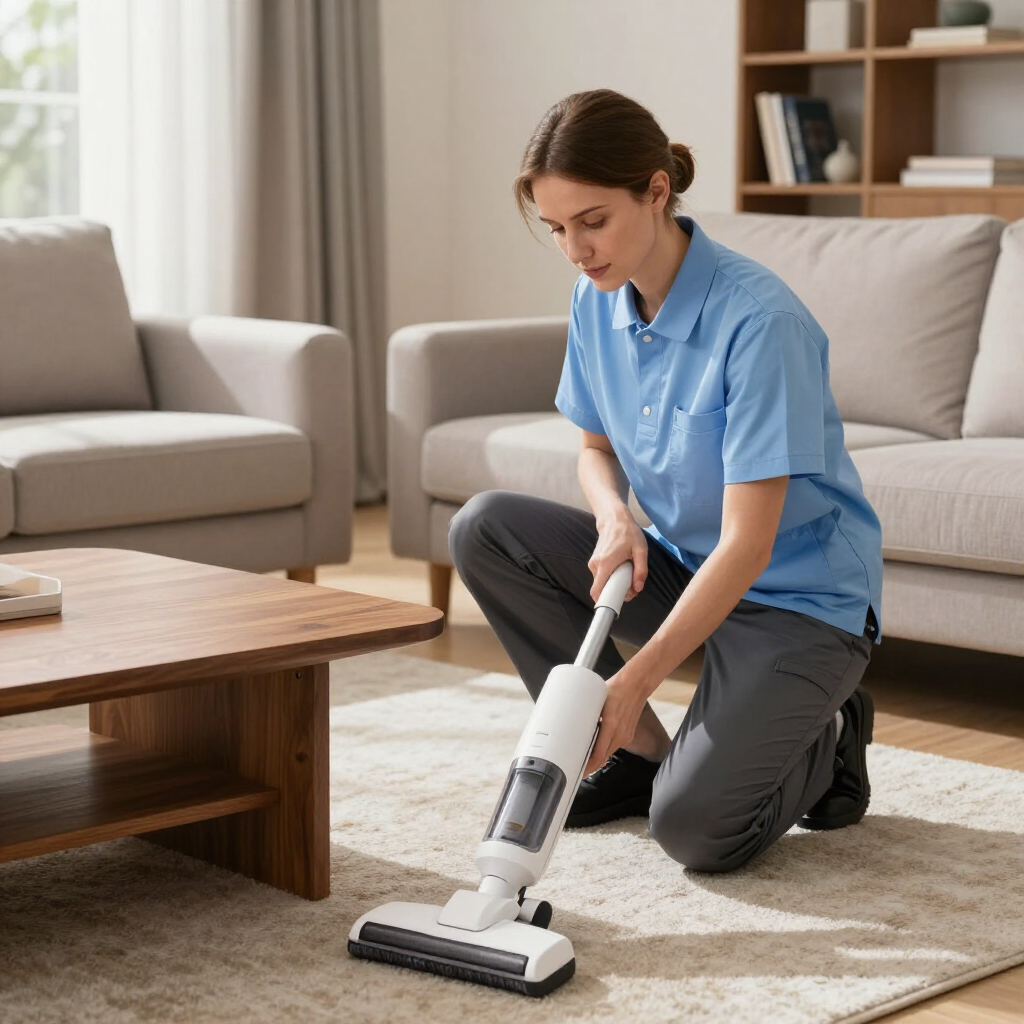 Person vacuuming a cream rug in a living room with a cordless stick vacuum