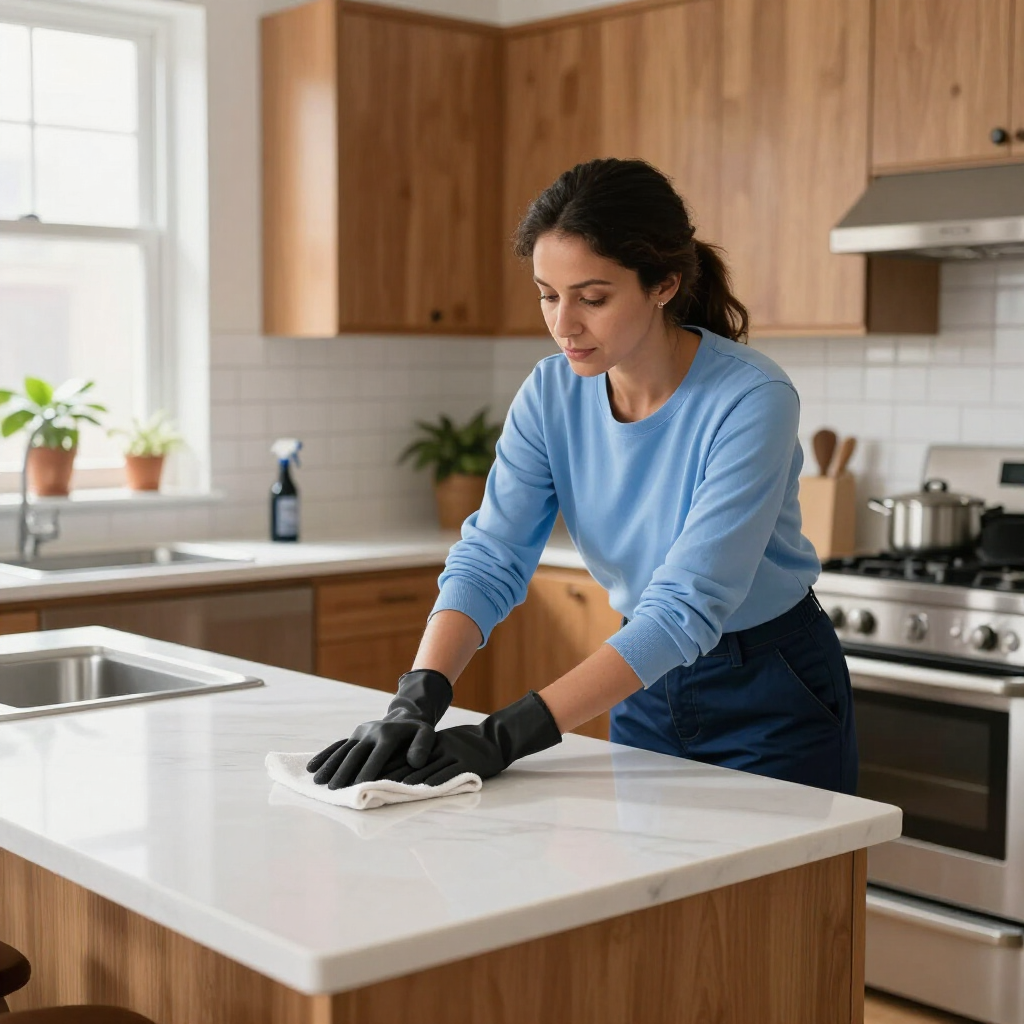 Person cleaning a white kitchen counter with a cloth, standing in a modern kitchen.
