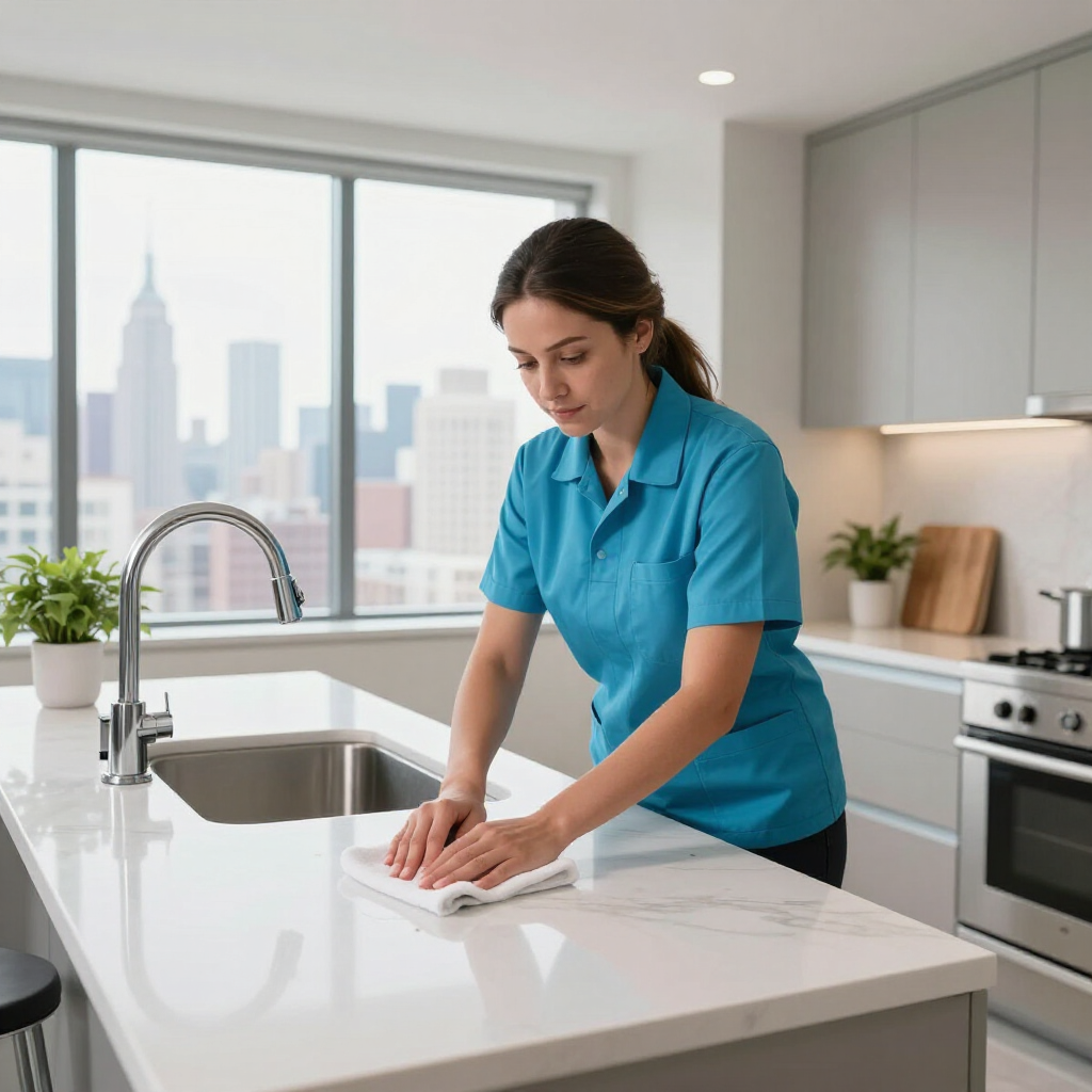 Person wiping a white kitchen island in a bright modern kitchen with city windows behind.