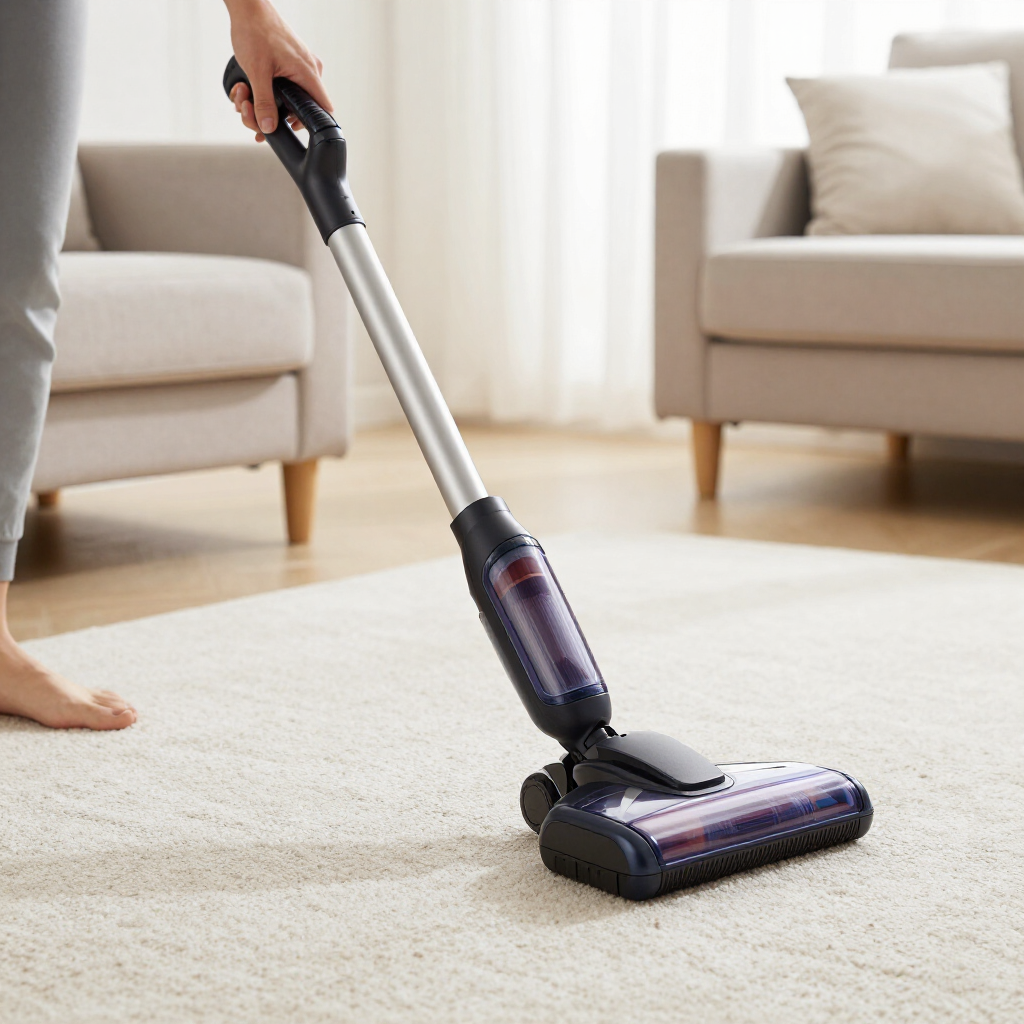 Person vacuuming a light carpet with a cordless stick vacuum in a bright living room