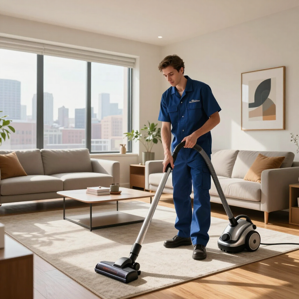 Man vacuuming a bright living room with a cordless vacuum