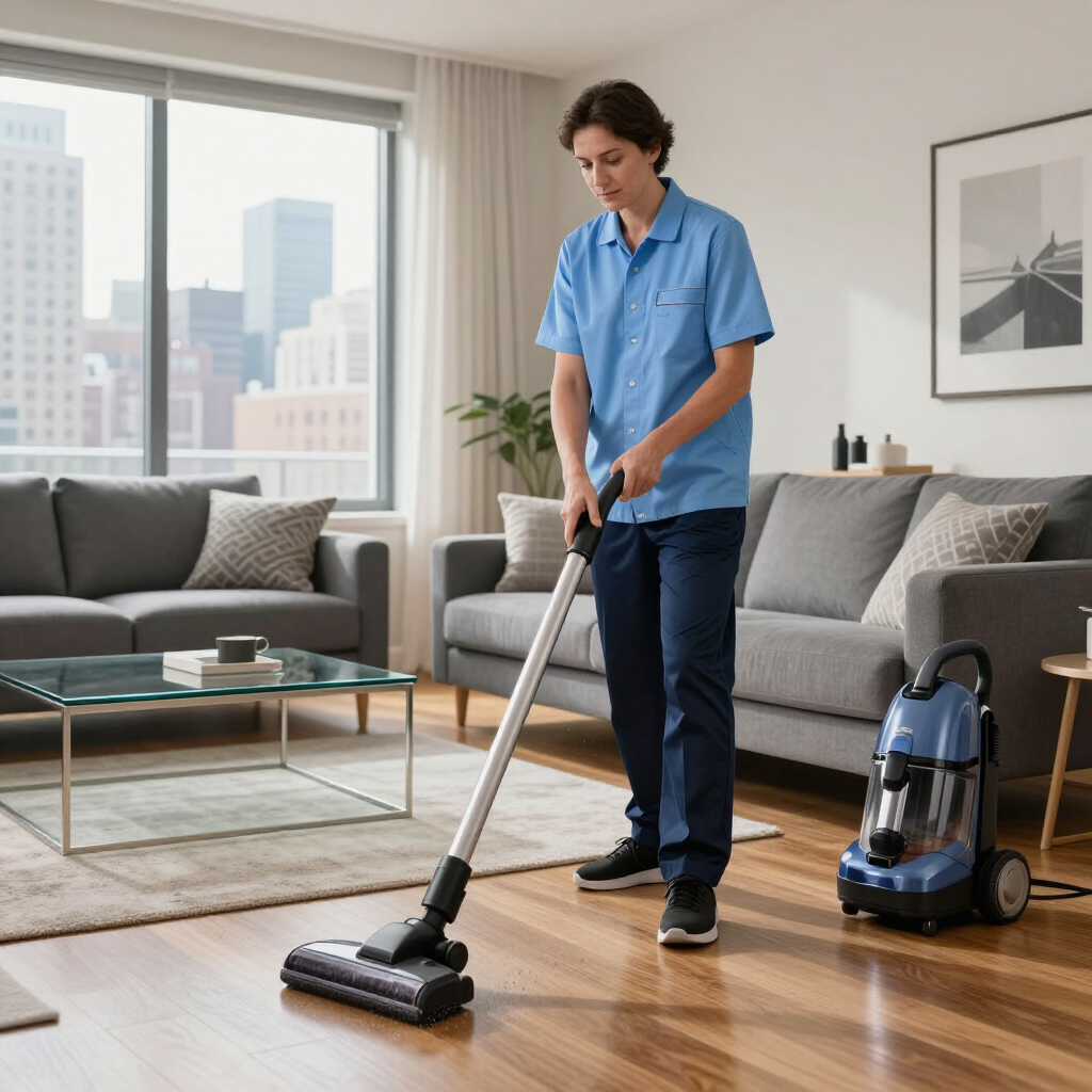Person vacuuming a modern living room with a canister vacuum and hardwood floors.