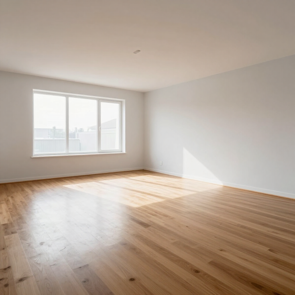 Empty sunlit room with light wood floor, white walls, and a large window