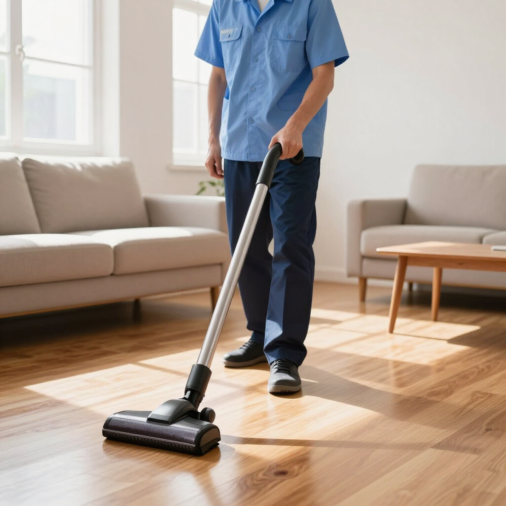 Cleaner vacuuming a sunlit living room with a hardwood floor and beige sofas
