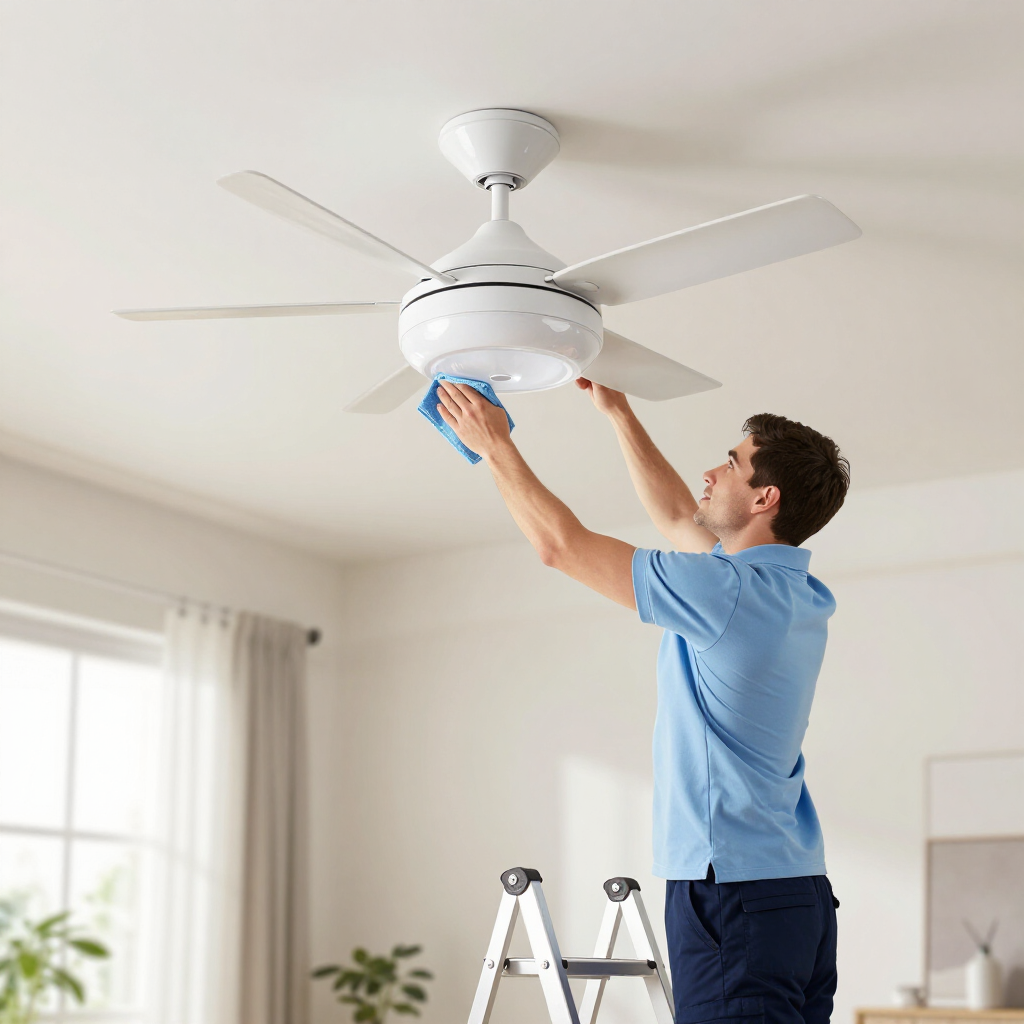 Person installing a ceiling fan in a bright room, standing on a ladder.