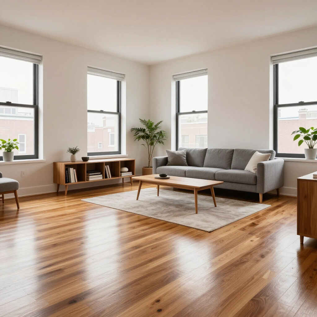 Bright modern living room with gray sofa, wooden coffee table, plants, and large windows on hardwood floors