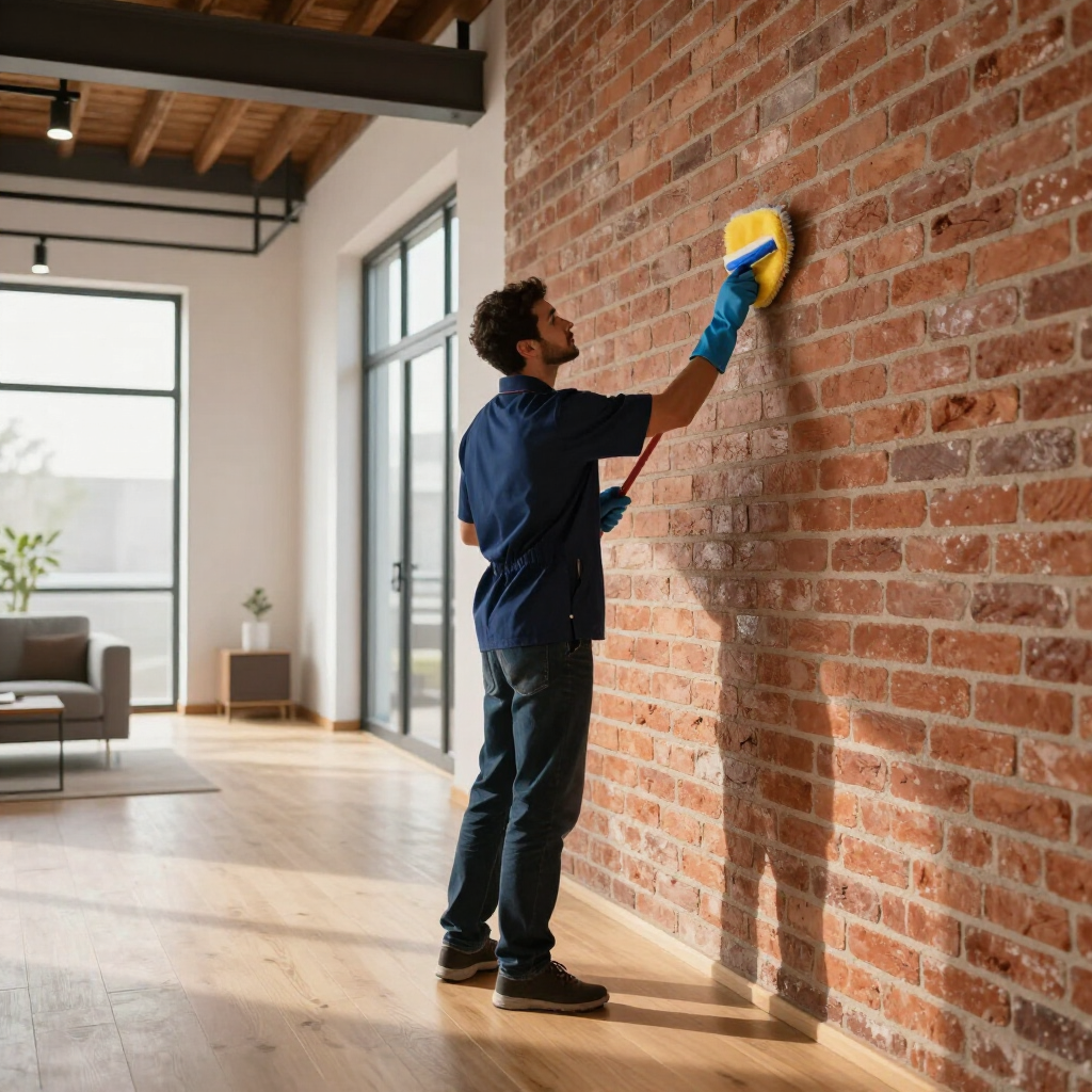 Person cleaning a brick wall with a sponge in a bright living room