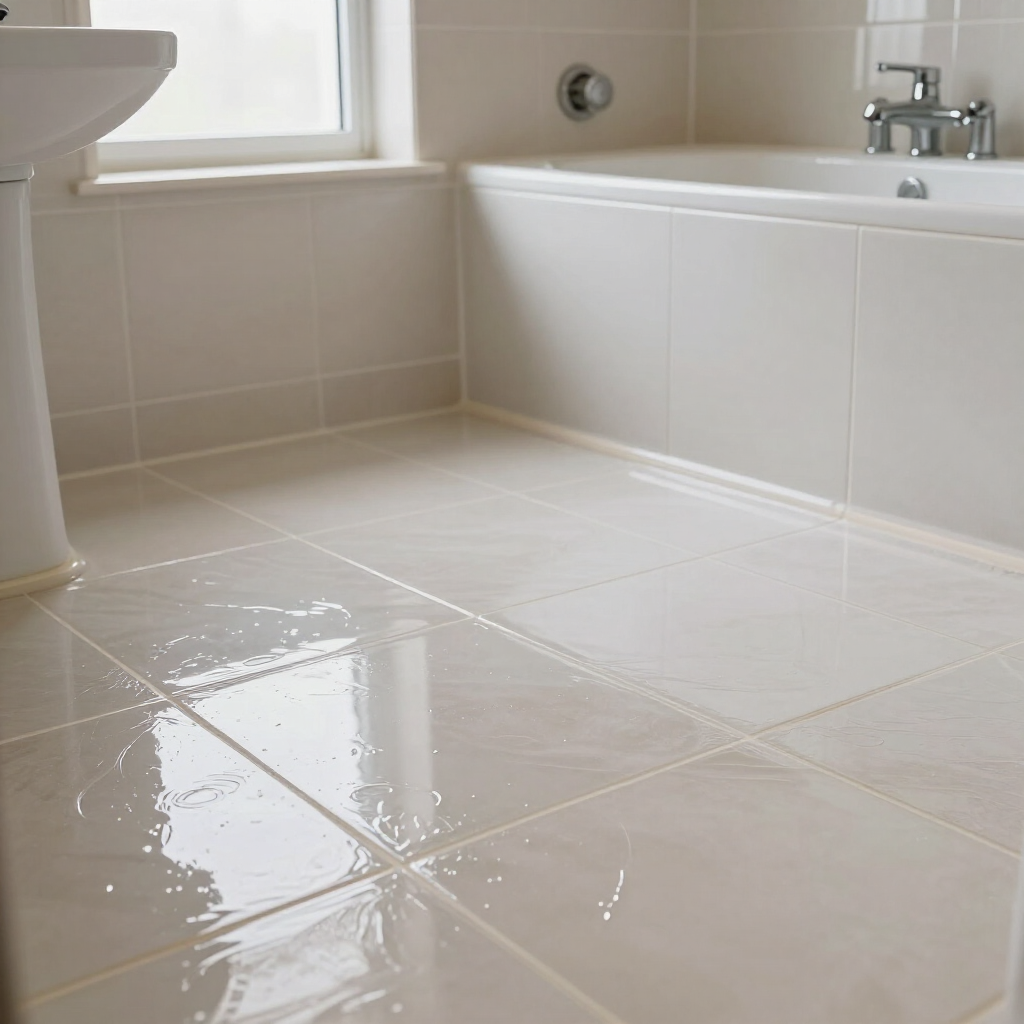 Bright tiled bathroom floor with a wet patch near a toilet and bathtub.