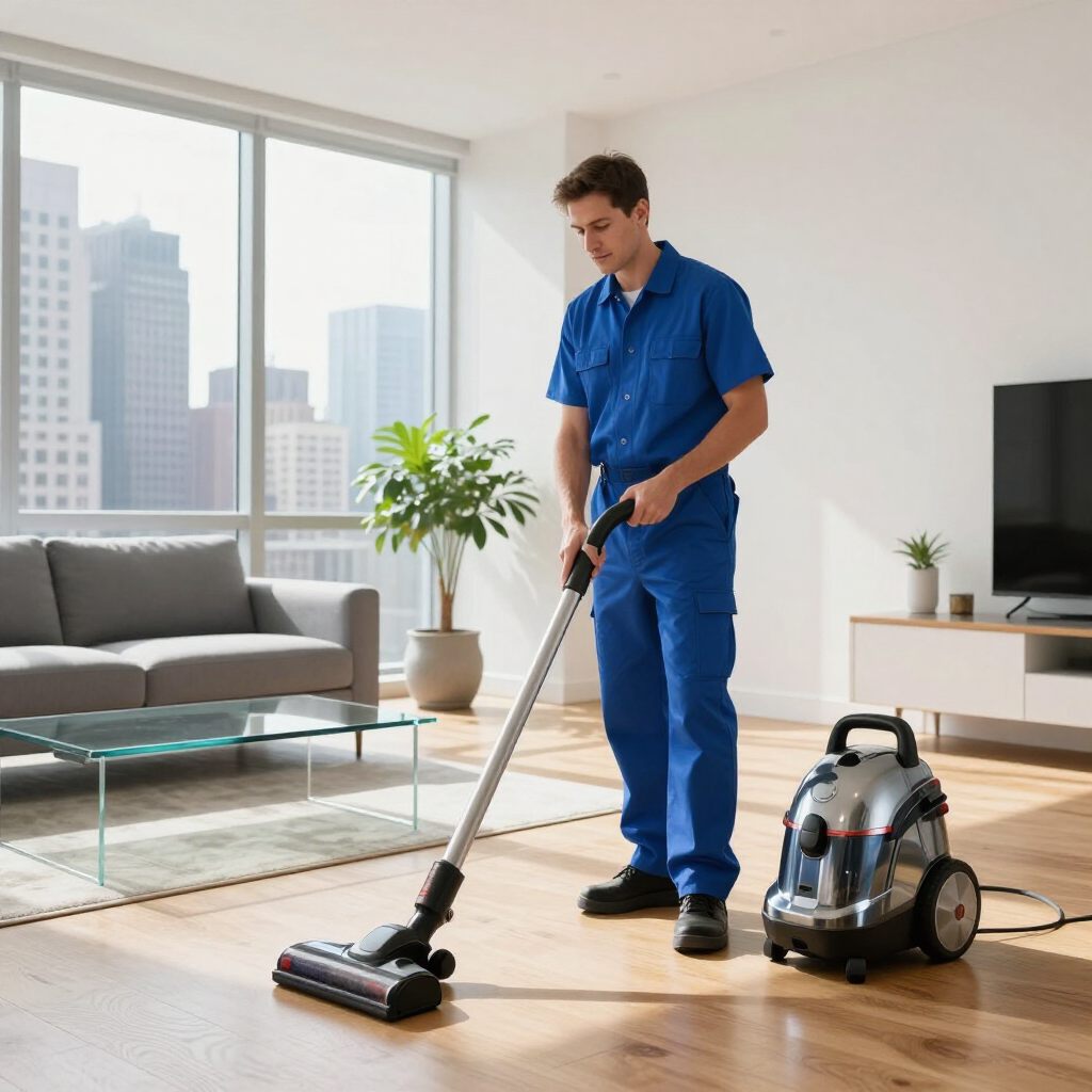 Worker vacuuming a modern living room with a canister vacuum and city view