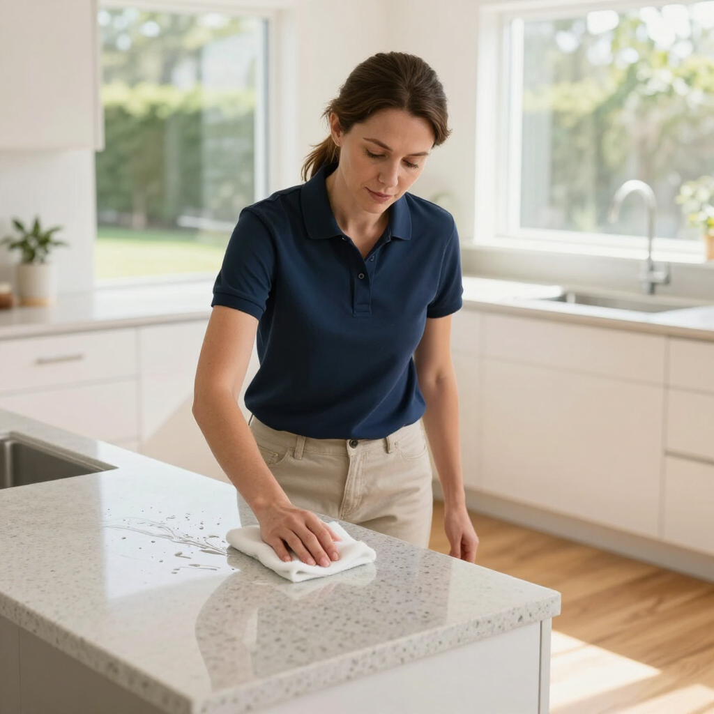 Woman wiping a white kitchen countertop with a cloth in a bright modern kitchen