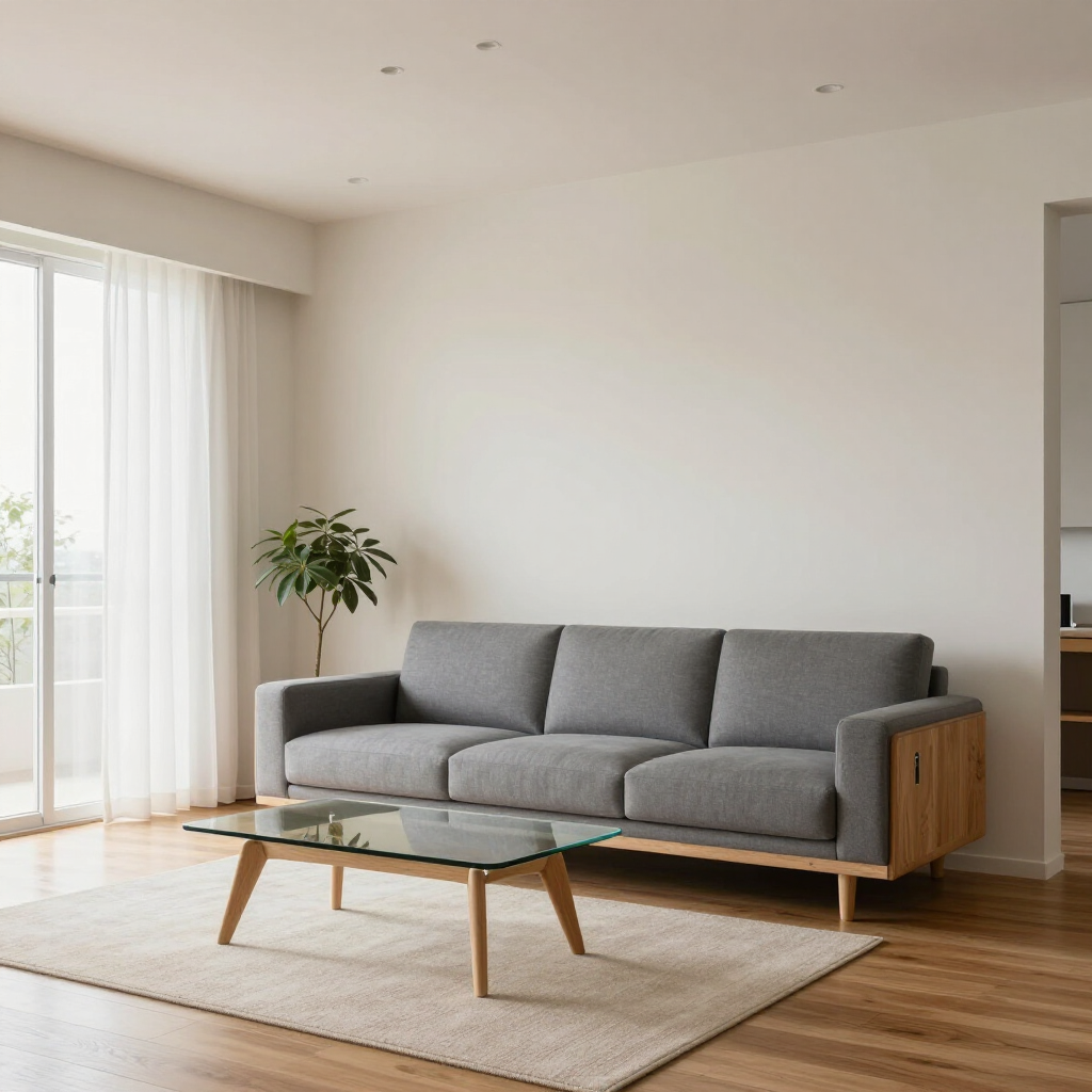Bright living room with a gray sofa, glass coffee table, beige rug, and potted plant by a window