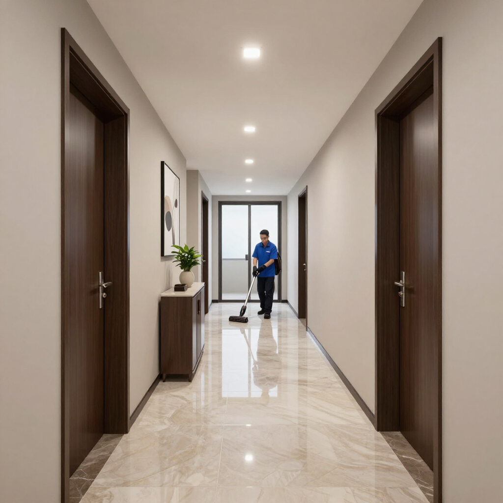 Bright hallway with glossy tile floor, dark doors, a side cabinet with plant, and a worker at the far end.