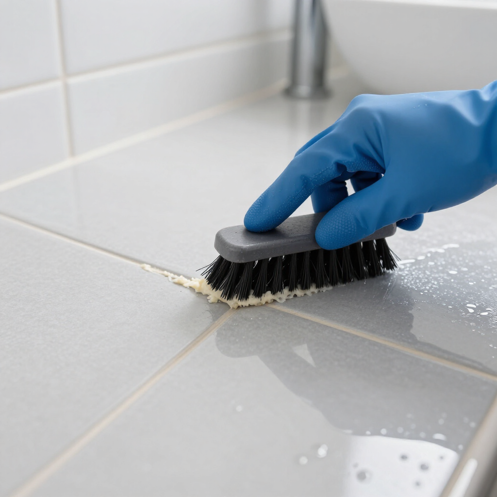 Blue-gloved hand scrubbing gray tile grout with a brush on a wet bathroom floor