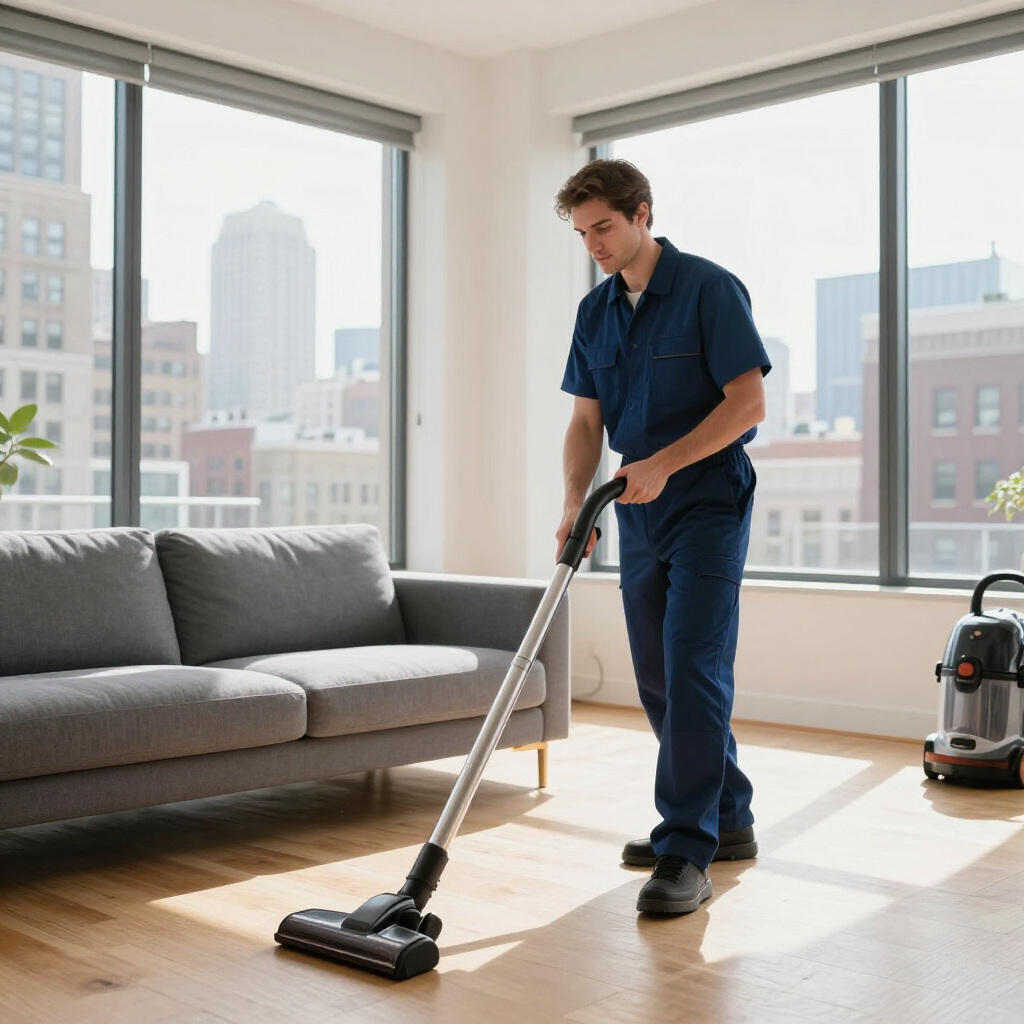 Person vacuuming a sunlit living room with large windows and a gray sofa