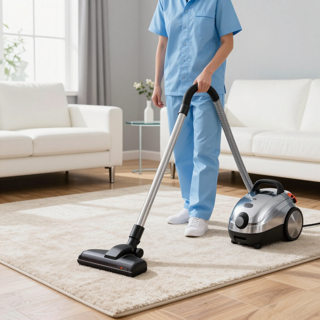 Person vacuuming a light rug in a bright living room with a silver canister vacuum