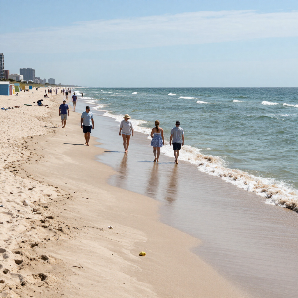 People walking along a sandy beach beside the ocean on a sunny day