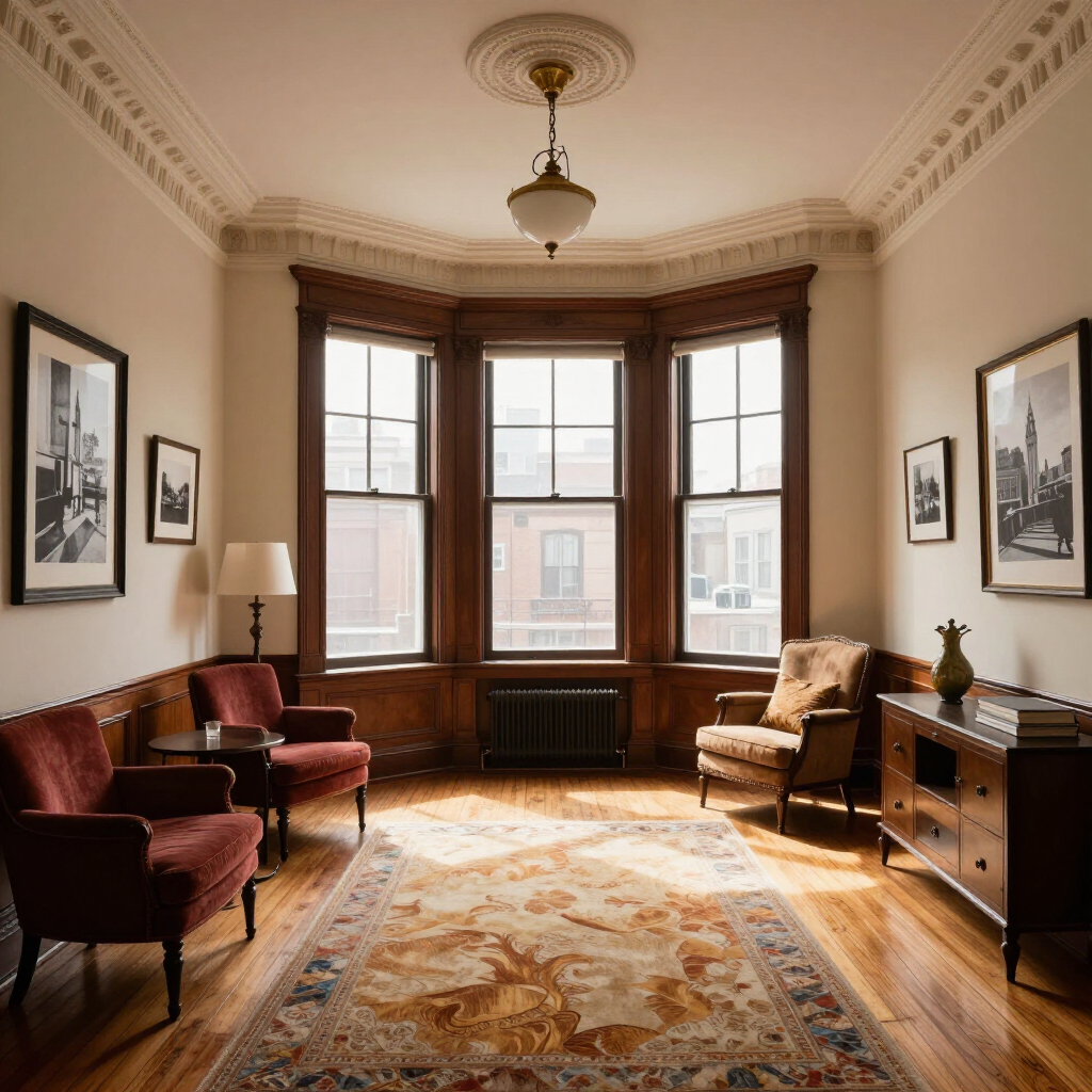 Elegant living room with bay windows, patterned rug, and vintage chairs in warm sunlight