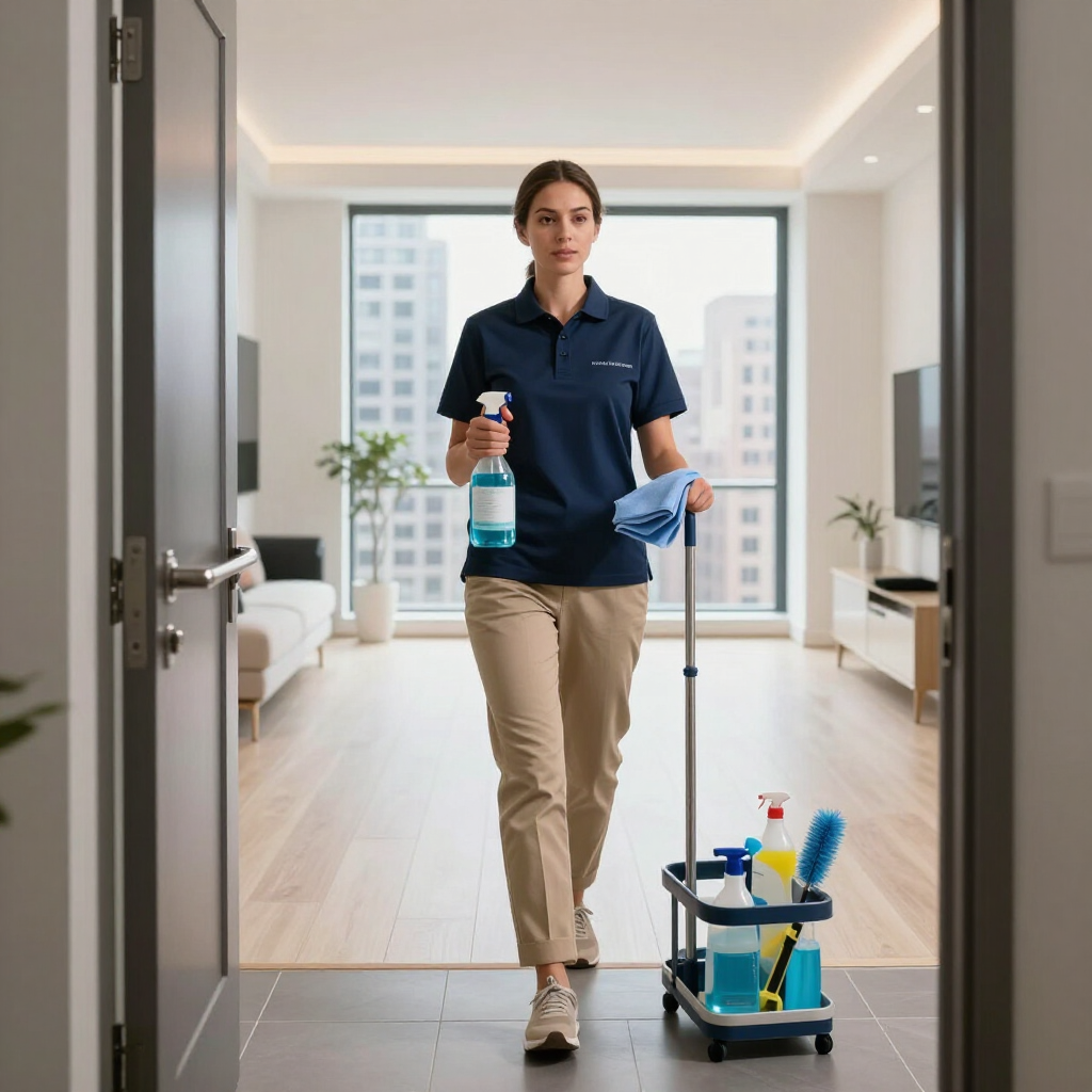 Cleaner pushing supply cart in a bright apartment hallway, holding a spray bottle and mop