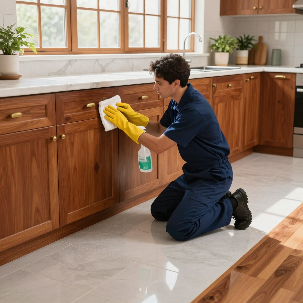 Person kneeling in a kitchen, wiping wooden cabinets with a yellow cloth and spray cleaner.
