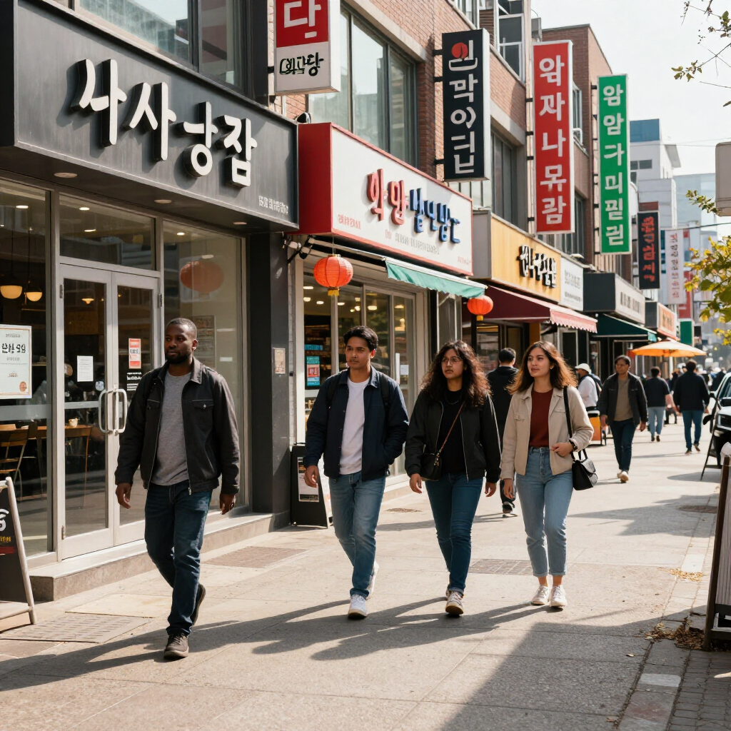 Four people walk past Korean shop signs on a sunny city sidewalk.