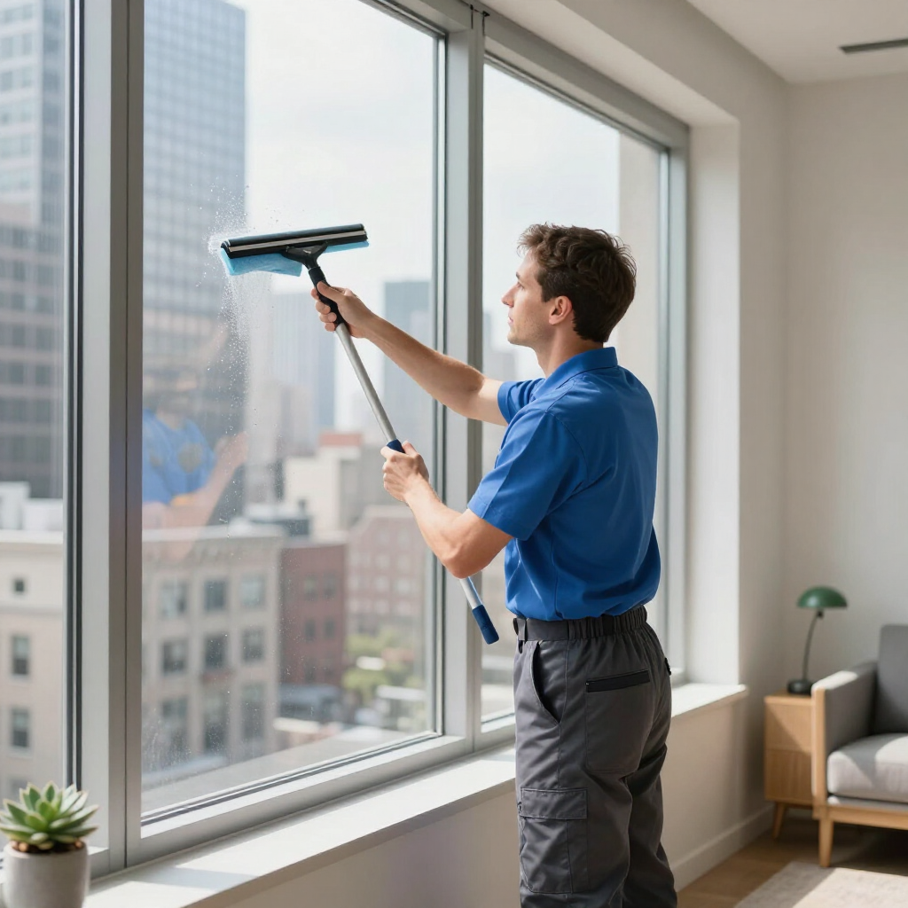 Worker cleaning a large office window with a squeegee, city buildings visible outside
