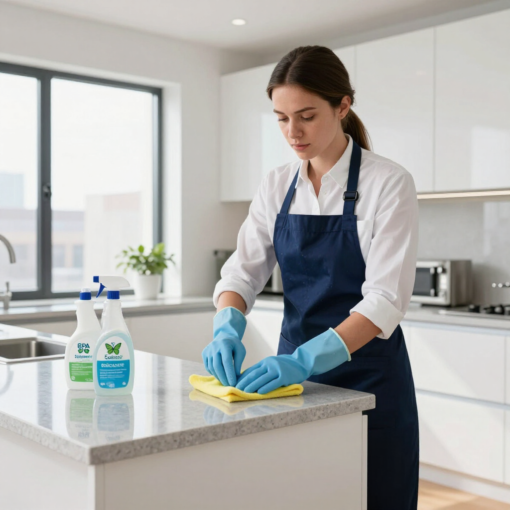 Woman in blue apron cleaning a kitchen countertop with spray bottles nearby