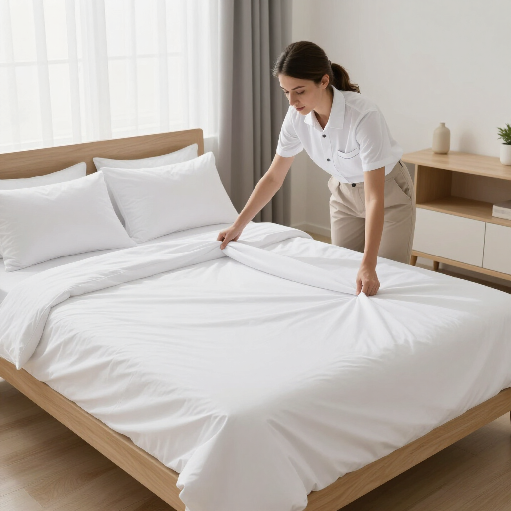 Woman smoothing white bedding on a wooden bed in a bright, minimalist bedroom