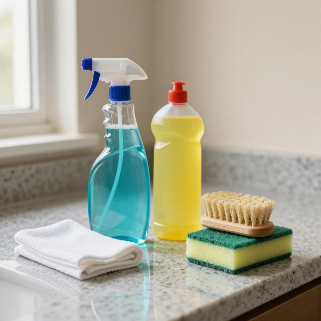 Cleaning supplies on a kitchen counter: spray bottle, dish soap, sponge, scrub brush, and folded towels