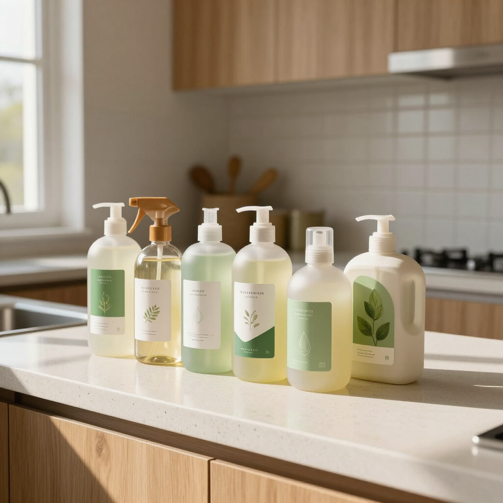 Six assorted pump bottles and dispensers lined up on a kitchen counter in warm sunlight