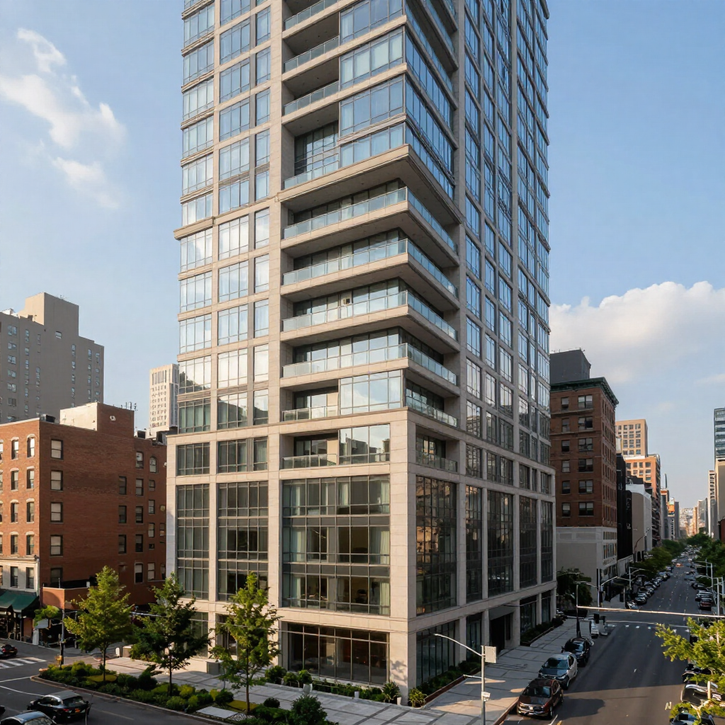 Tall modern glass-and-steel apartment tower on a sunny city street lined with brick buildings