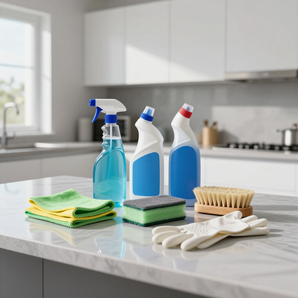 Cleaning supplies on a kitchen counter: spray bottles, sponges, brushes, and cloths in a bright modern kitchen
