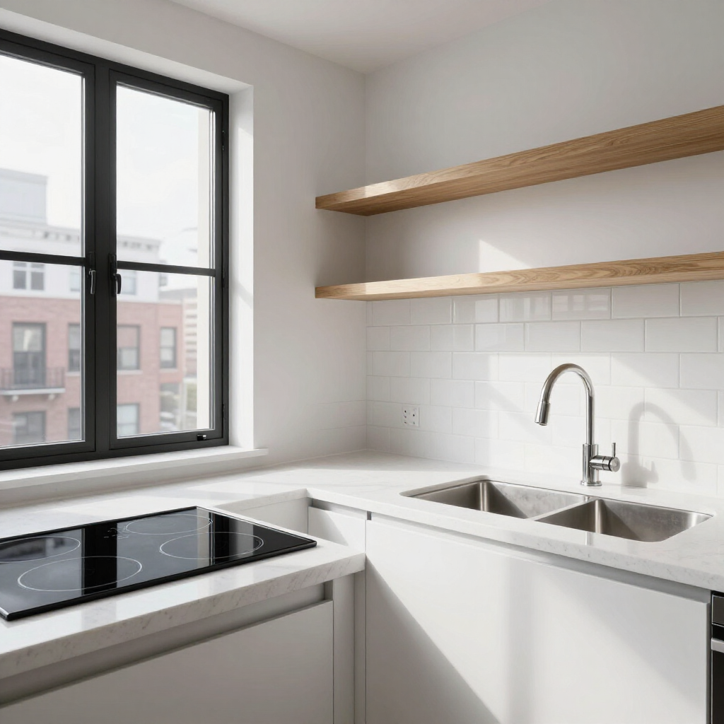 Modern white kitchen with black countertop, sink, window, and floating wooden shelves