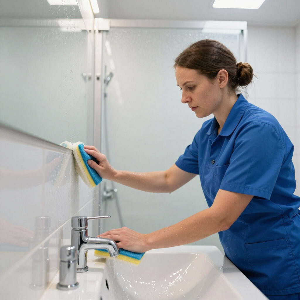 Cleaner in blue uniform wiping a bathroom mirror and sink with cloths and spray bottle