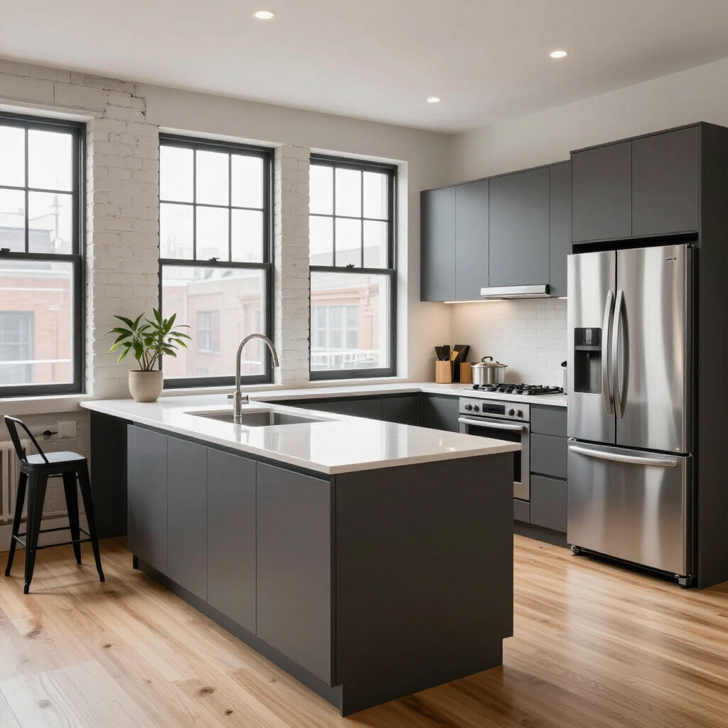 Modern kitchen with dark gray island, stainless steel appliances, large windows, and light wood floors