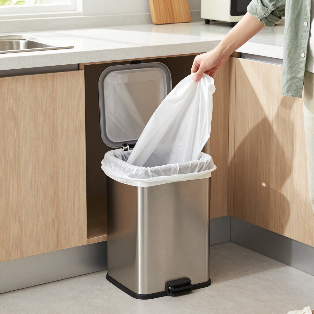 Hand placing a trash bag into a stainless steel kitchen trash can with open lid