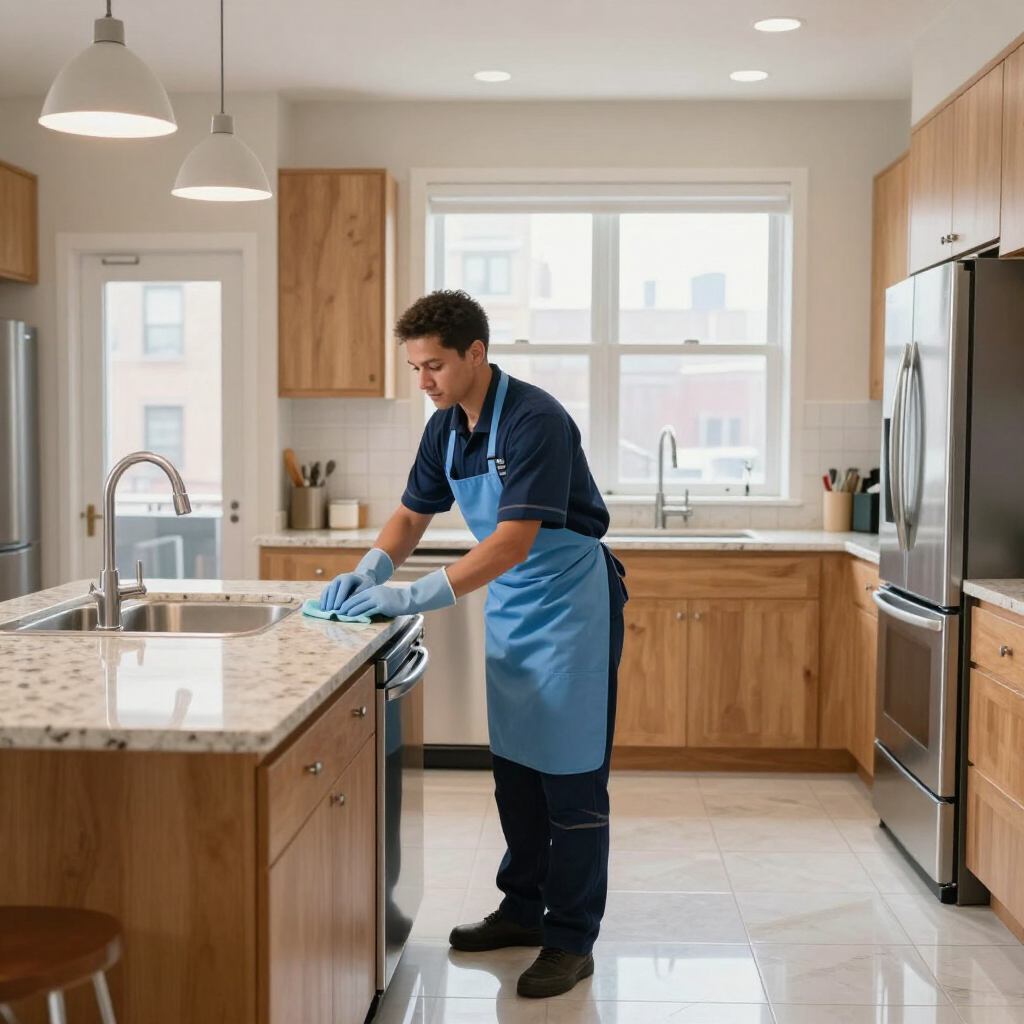 Person cleaning a bright kitchen with a blue apron, wiping the stovetop beside a granite island.