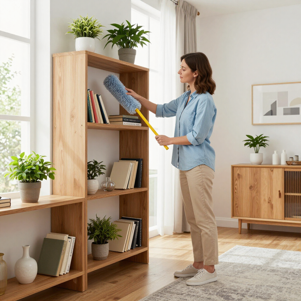 Woman dusting a wooden bookshelf in a bright living room with a blue duster