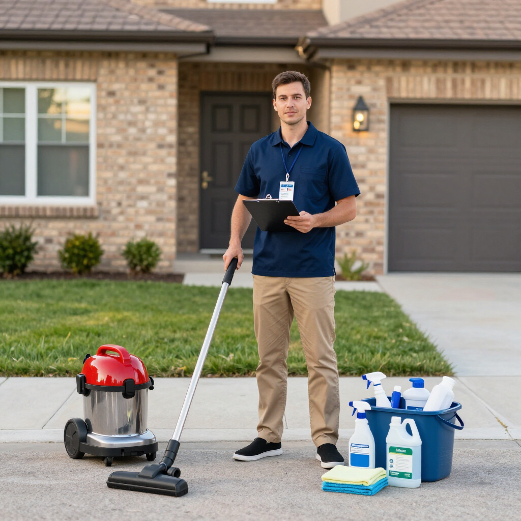 Cleaning service worker with clipboard and vacuum outside a house, surrounded by cleaning supplies.