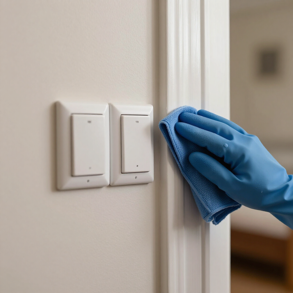 Blue-gloved hand wiping a light switch panel with a blue cloth in a hallway