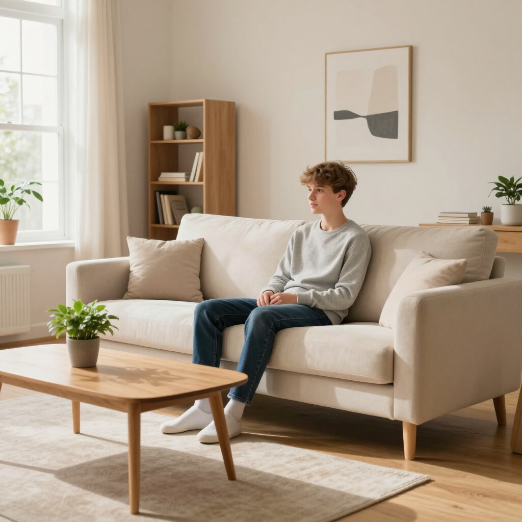 Person sitting on a beige sofa in a bright, modern living room with a coffee table and houseplants