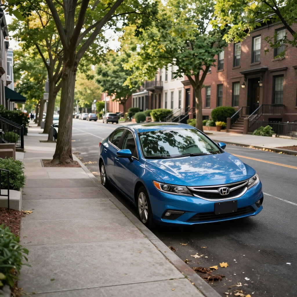 Blue sedan parked on a tree-lined residential street with brick row houses