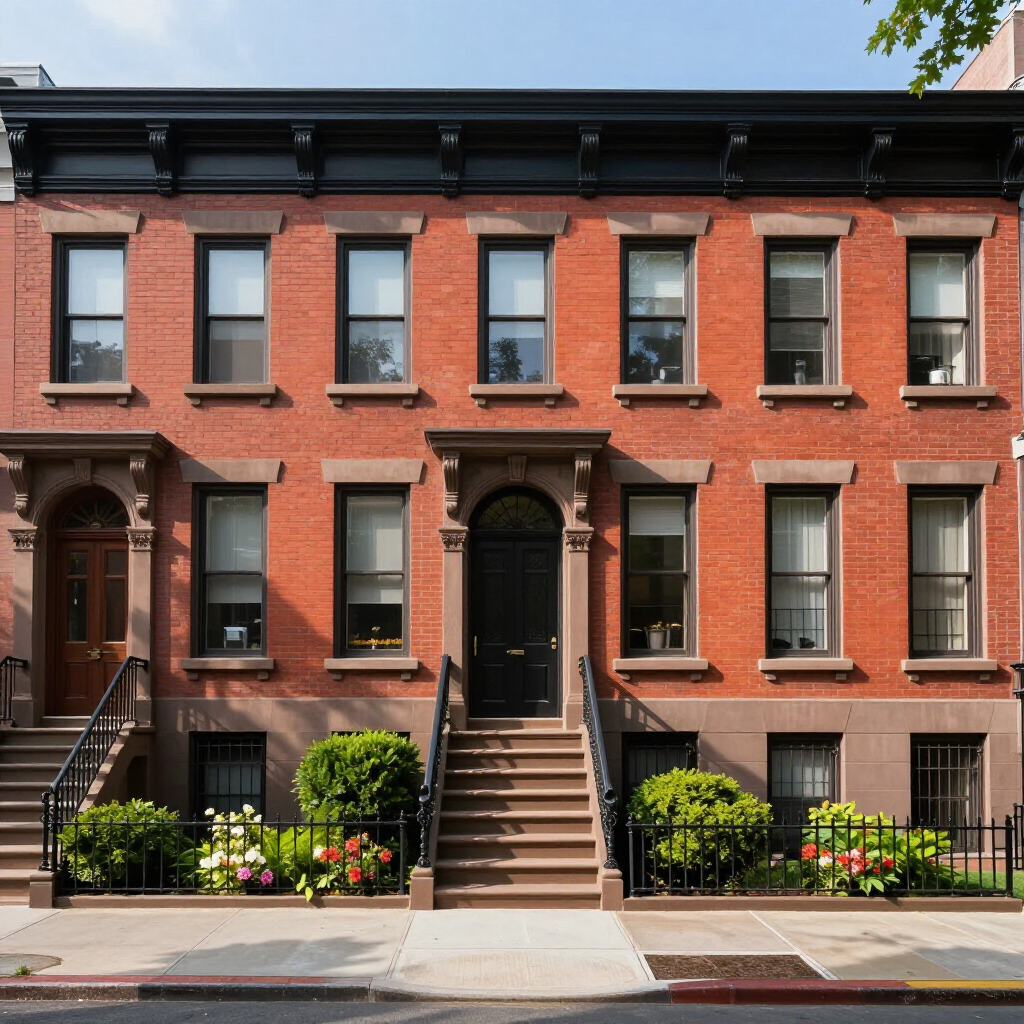 Row of red brick townhouses with stoops, black doors, and small front gardens along a city street