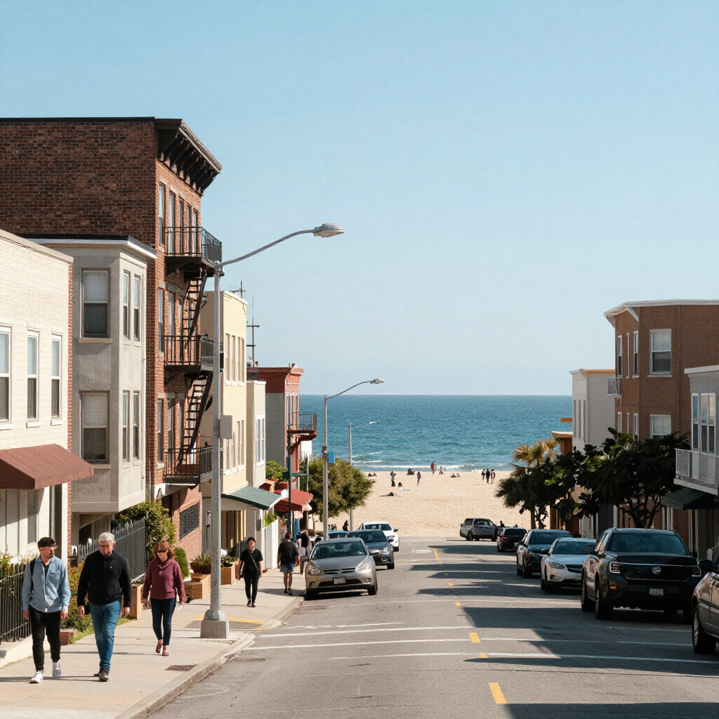 Street leading to a sunny beach, with pedestrians, parked cars, and the ocean beyond.